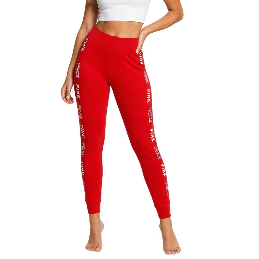 PINK Active Leggings Women Medium Red Logo Tape High Waist‎ Seamless Athletic